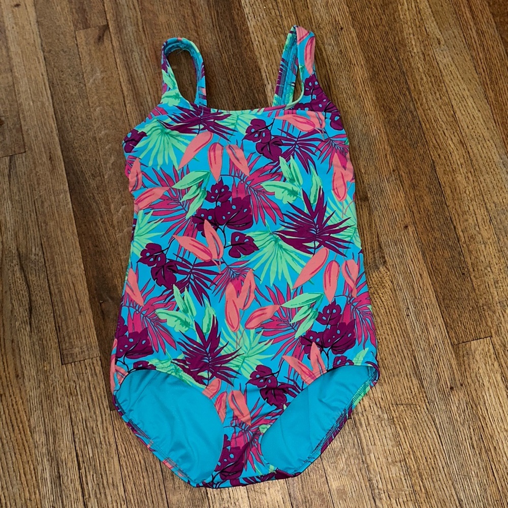 Lands' End Tropical Print One Piece Swimsuit - Blue and Pink